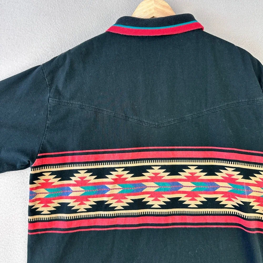 VTG 90s Cripple Creek Polo Shirt Mens L Black Aztec Southwest Heavy Short Sleeve